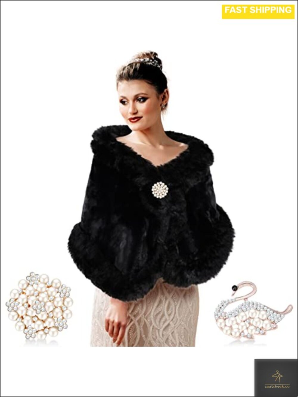 Faux Fur Shawl Wrap with Rhinestone Brooches One Size Formal